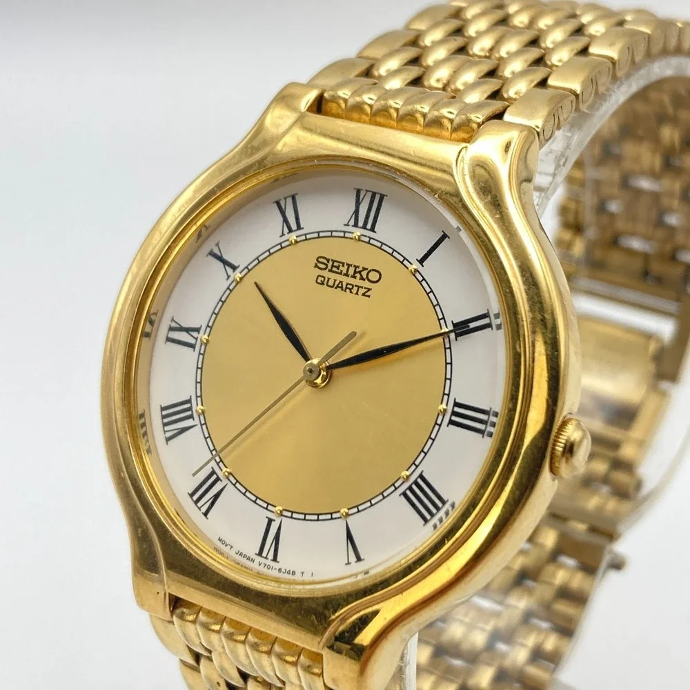 Vintage Seiko Men's Watch 34mm Gold Tone V701-6K69 New Battery SMALL 6.75